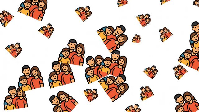 Pattern of smiling families scattered across transparent background, celebrating togetherness, happiness, warmth, love, and unity always.