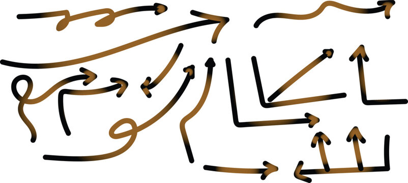 Hand drawn arrow set with brown and black gradients. Sketchy directional pointers for infographics and presentations. Artistic curved and straight arrow icons for creative design projects.
