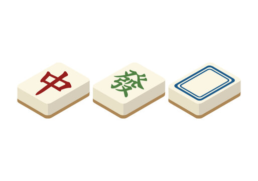 Chinese Mahjong Honor Tiles Dragon Set Chun Fa Bai Flat Vector Isometric Illustration