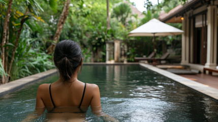 Fototapeta premium Woman enjoying a refreshing dip in a private tropical resort swimming pool