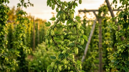 Fototapeta premium Green hop cones growing in a DNA spiral shape on a trellis in a field
