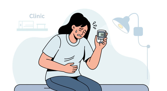 Woman feeling unwell, checking blood sugar meter in clinic