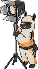 Fototapeta premium Cartoon vector illustration of a cheerful alpaca operating a professional studio camera on a tripod, wearing headphones and utility belt, isolated on white