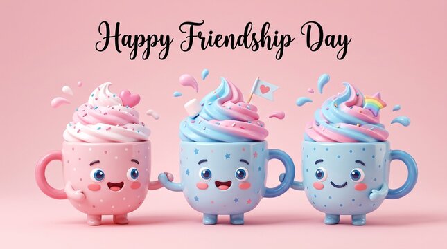 Cups kawaii smile in concept of Friendship day background