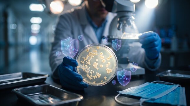 A laboratory petri dish with cream-colored yeast colonies, a blurred hospital corridor in the background, a gloved technician examining a microscope slide, and floating molecular shields suggesting