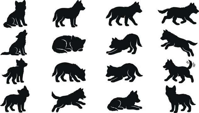 Wolf Pup and Small Cute Dog Silhouette Vector Set with Various Poses and Actions for Logo Designs, Web Graphics, Icons, or T-Shirt Prints