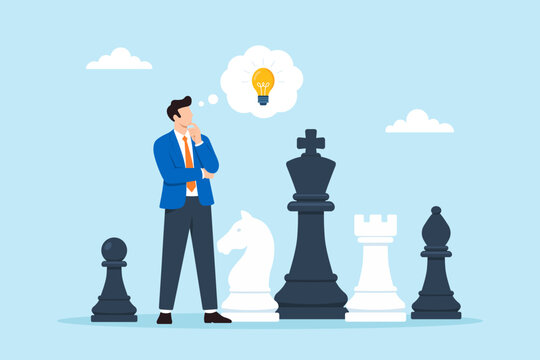 Flat illustration of businessman thinking beside chess pieces representing strategic thinking business planning decision making and problem solving