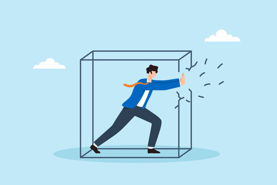 Flat illustration of businessman breaking boundary box representing pushing limits overcoming obstacles personal growth and determination