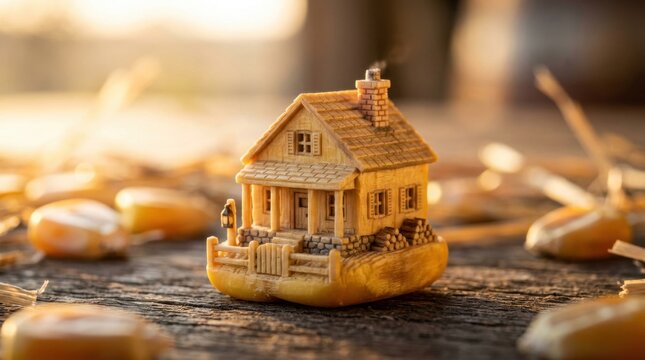 Miniature wooden house model placed on a rustic table during autumn