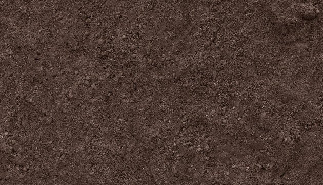 A close-up of dark brown soil with small stones scattered throughout, showing a rough texture and granular surface