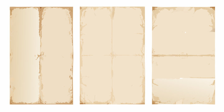 three vertical sheets of old folded beige paper on white background texture grunge vintage document memo