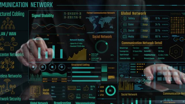 A close-up shot of hands interacting with a futuristic communication network interface displaying metrics, graphs, and security information, showcasing data analysis and technology trends. Cipher