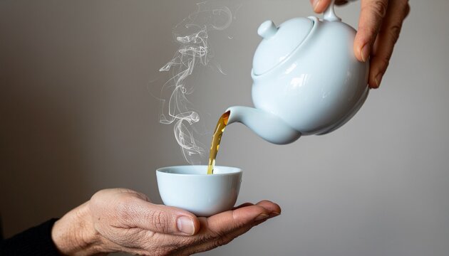 Hands Pouring Tea into a Small Cup for a Minimalist Lifestyle with Steaming Hot Liquid in a Calm and Serene Indoor Setting
