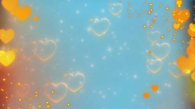 Hearts float in a golden bokeh pattern against the soft blue background.