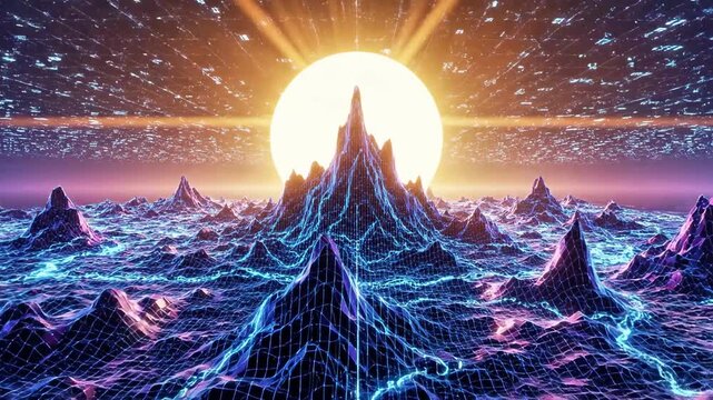 A futuristic digital artwork depicting a vibrant, neon-lit mountain range at sunset