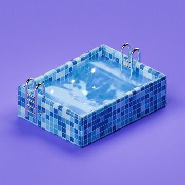 3d tiled isometric swimming pool with moving water, purple background