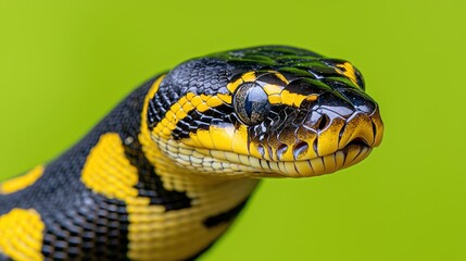 Fototapeta premium Black And Yellow Snake Close Up On Green Background