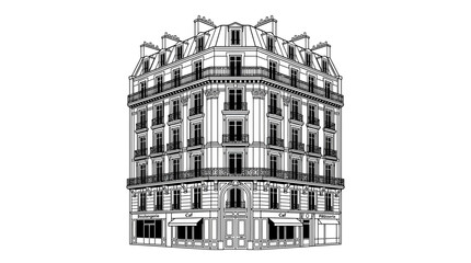 Elegant Parisian Haussmann Building Facade, Classic Architecture Line Art © Biru