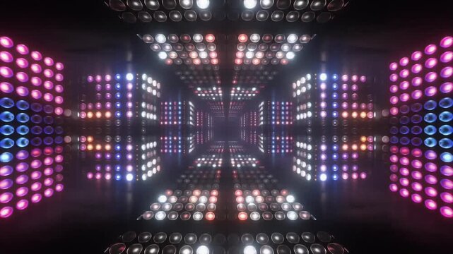 Futuristic Corridor with Symmetrical Neon Lights and Reflections
