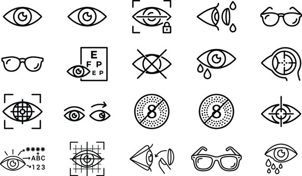 Set of ophthalmology and vision care icons representing eye health and correction with eye exam, optometry symbols