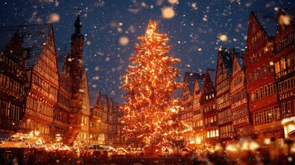 Obraz premium Festive Christmas Tree in Historic Town Square During Snowfall with Warm Lighting