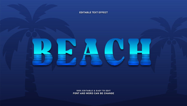 Beach editable text effect style with ocean water wave texture and palm tree silhouette background