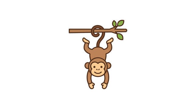 Cute cartoon monkey hanging upside down from tree branch with green leaves