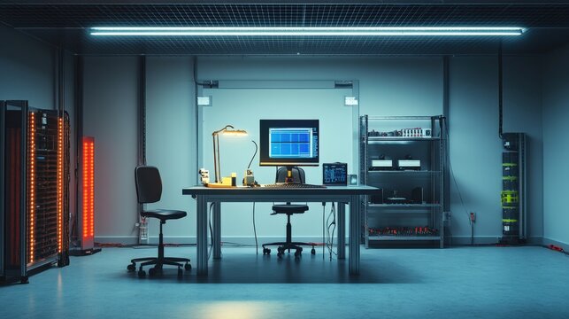 Modern server room features a central workstation equipped with advanced computer hardware and networking equipment.
