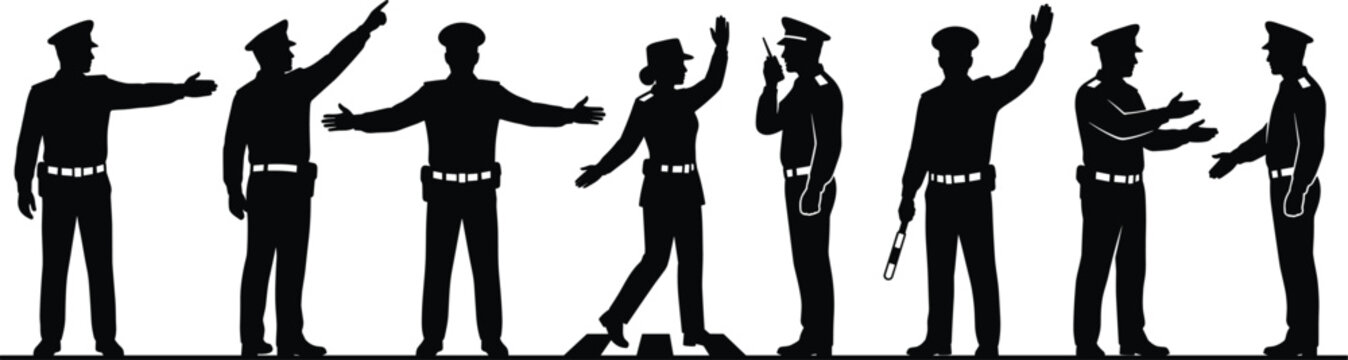 Police and Traffic Officers Vector Silhouette Set with Law Enforcement Gestures and Security Personnel