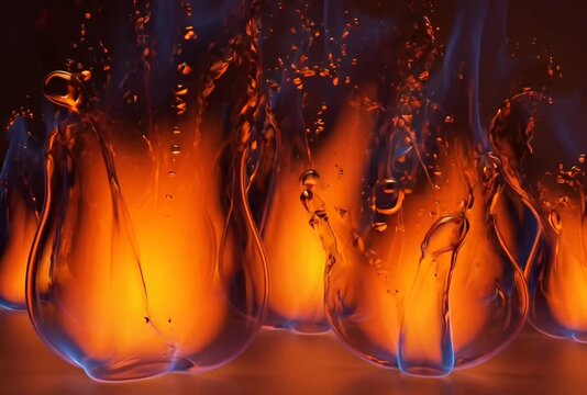 Abstract 3D rendering of fluid organic glass shapes containing vibrant orange fire and glowing energy, featuring translucent textures and blue light outlines for futuristic concepts.