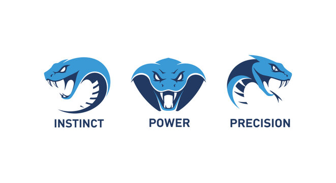Three Blue Snake Heads with Instinct Power Precision Labels.