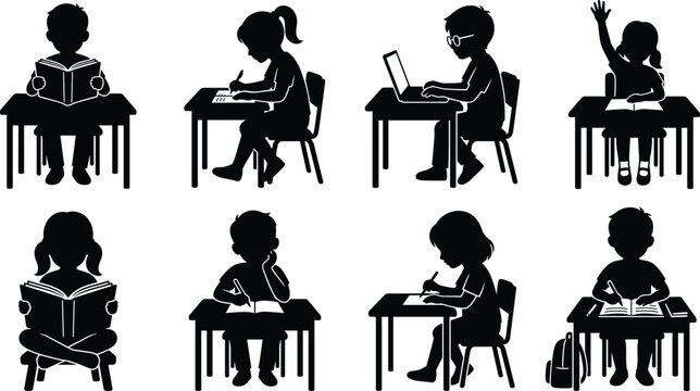 School Children Classroom Learning Activities Vector Silhouette Icon Set with Students Studying Reading and Writing