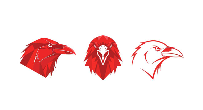 Three Red Raven Head Illustrations in Different Styles.