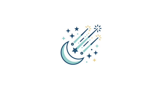 Stylized crescent moon with shooting stars and twinkling stars, vector illustration, night sky concept