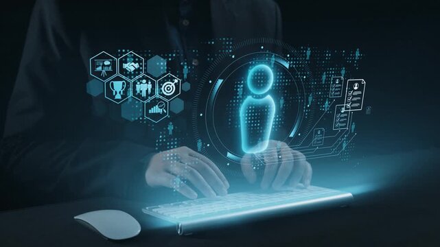 A futuristic setting depicting hands typing on a keyboard with a holographic interface illustrating data analysis and virtual user interaction in a dark background. Qubit