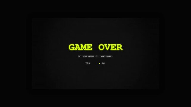 Retro Arcade Game Over Screen with Glitch Effect and Continue Prompt