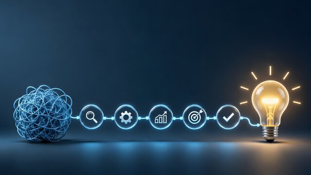 Business process workflow untangling complex data through analysis and strategy phases into final glowing idea solution on dark background