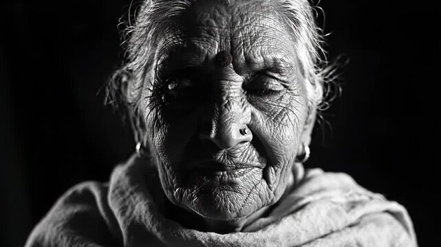 Black and white portrait of an elderly Indian woman with deep facial wrinkles, wearing a bindi and nose stud, looking directly at the camera against a dark, low-key background.
