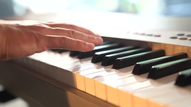 Hand Playing Piano Keys in Soft Natural Light