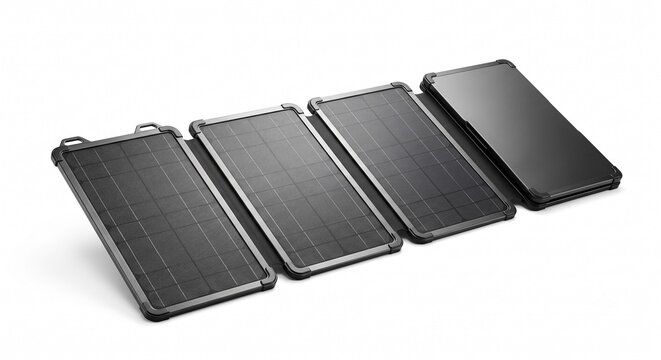 Minimalist foldable metallic solar panel charger outdoor travel isolated white