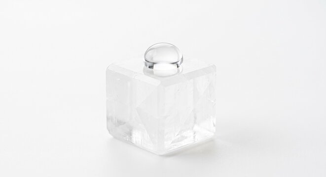 Pure water drop resting on flawless white salt crystal macro
