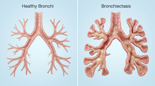 Healthy Bronchi Compared with Bronchiectasis Chronic Lung Disease 3D Medical Illustration