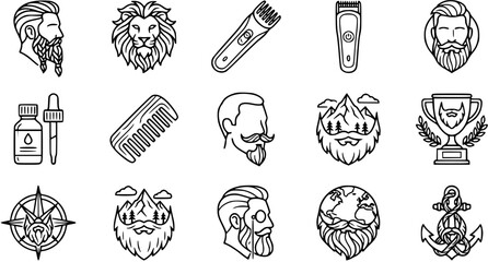 Beard Care and Men's Grooming Black  White Line Art Icons Collection for Barbershop, Lifestyle, and Adventure Themes © pixraw