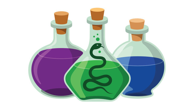 Three colorful potion bottles with corks, one containing a coiled green snake
