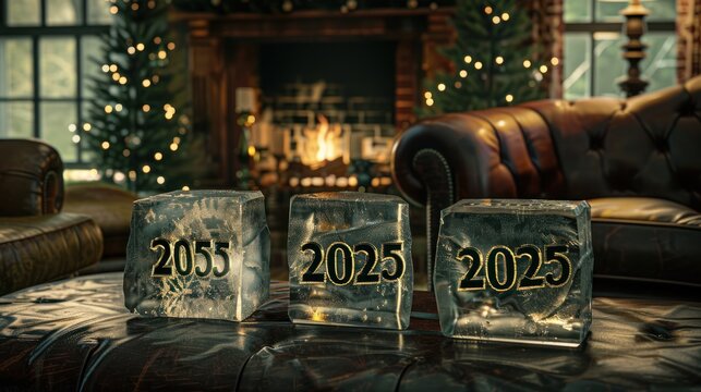 Ice Cubes with Future Year Numbers in Cozy Living Room Fireplace Setting
