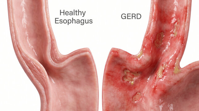3D Medical Illustration of GERD vs Healthy Esophagus Anatomy