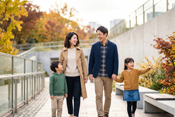 Fototapeta premium 秋の公園を笑顔で散歩する仲の良い家族 Generative AI