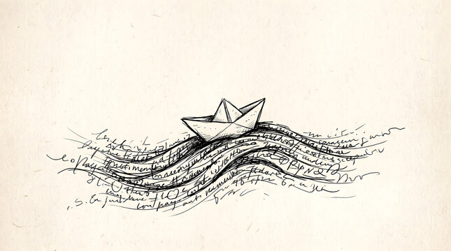 A hand drawn paper boat floats on turbulent waves made of illegible cursive scribbled handwriting