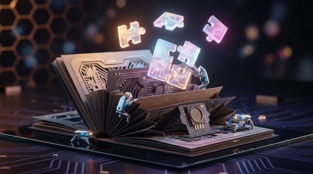 A whimsical digital scene with miniature modular microbots, a pop-up paper card with an accordion hinge, a tiny speaker chip, glowing circuit traces, and floating puzzle-like chips that reconfigure in