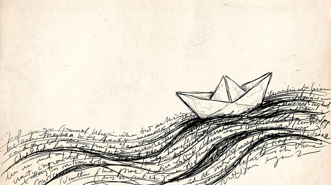 Hand drawn sketch of a paper boat sailing on ocean waves made of flowing handwritten calligraphy text